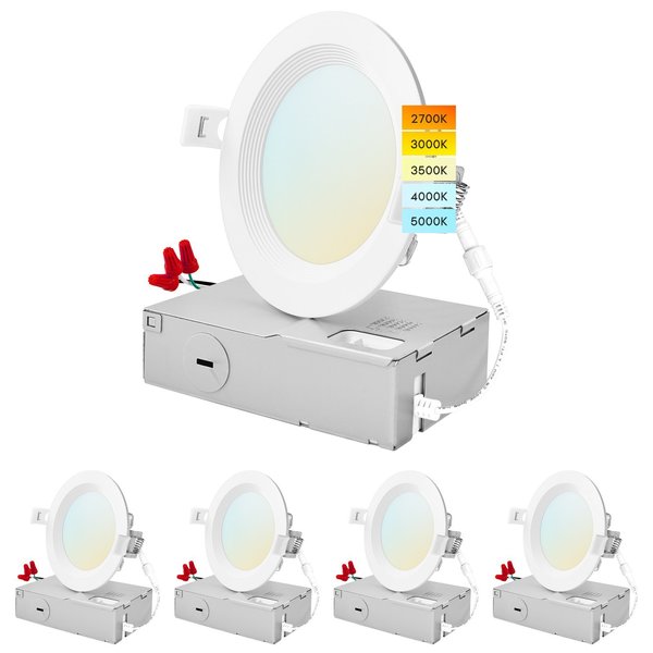 Luxrite 4 Inch Ultra Thin LED Recessed Downlights 5 CCT Selectable 2700K-5000K 10.5W 750LM Dimmable 4-Pack LR23731-4PK